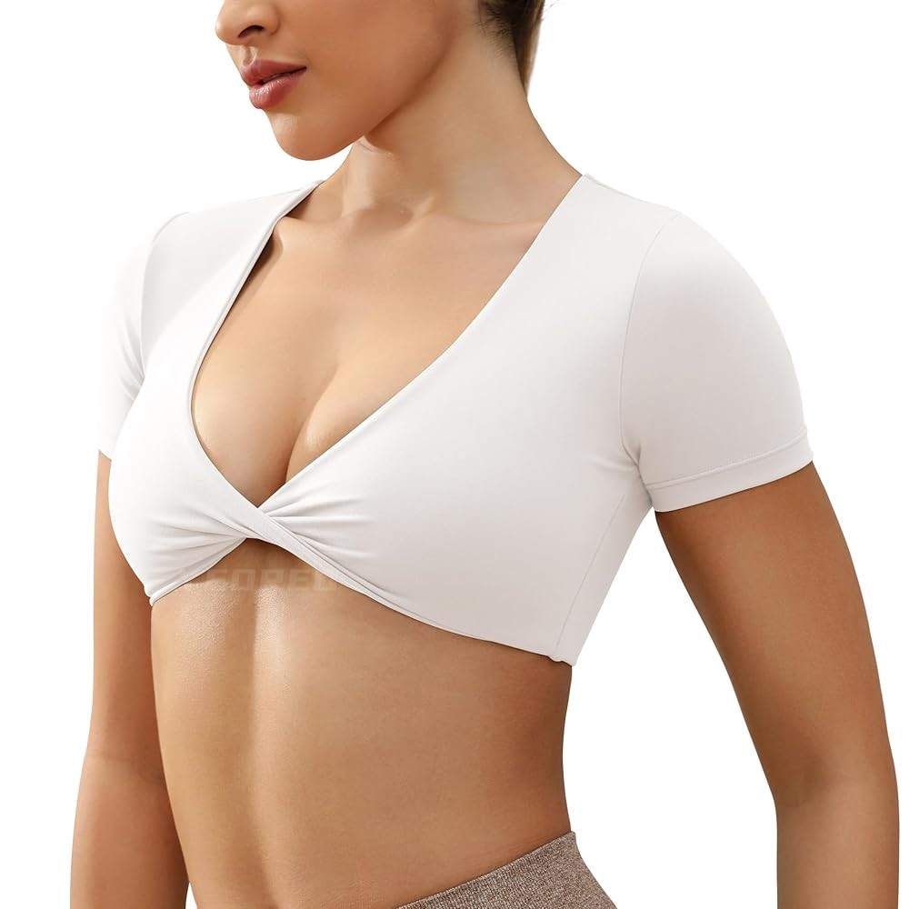 YEOREO Kyla Workout Crop Tops for Women Short Sleeve Twist Front Crop Tank Top Padded Sports Bra ... | Amazon (US)