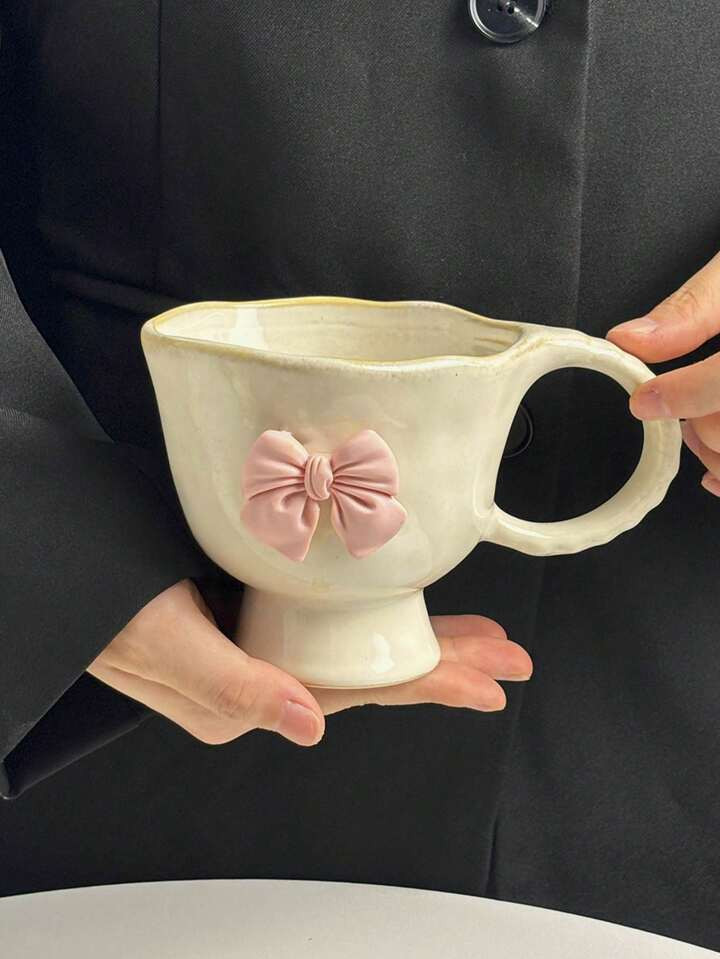 1pc INS Style Ceramic Mug With Pink Bow, Vintage Crackle Glaze High Foot Mug, Niche Yogurt Cup, O... | SHEIN