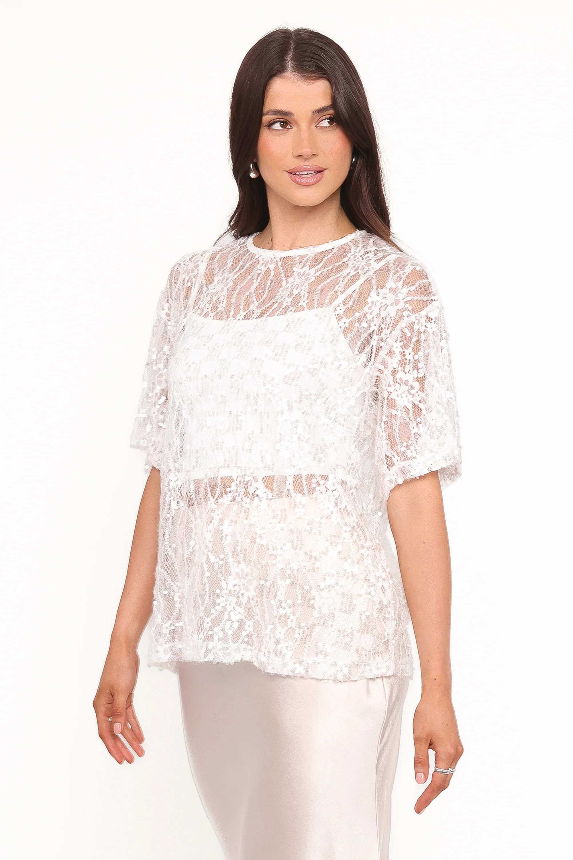 Yonder Sheer Lace Tee Top - White | Petal & Pup (US)
