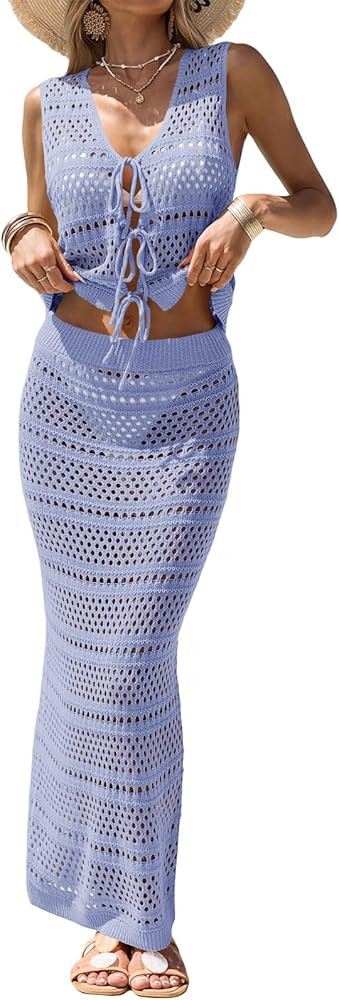 Fisoew Womens Crochet Cover Up 2 Piece Skirt Sets Sleeveless Crop Cardigan Tank Tops Swim Coverup... | Amazon (US)