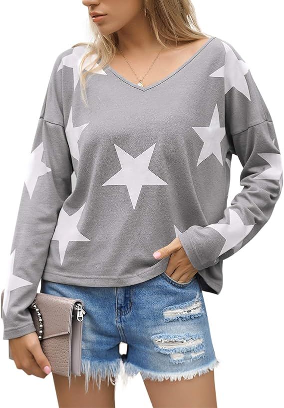 Blooming Jelly Womens Pullover Star Sweater V Neck Long Sleeve Shirt Slouchy Off Shoulder Knit To... | Amazon (US)