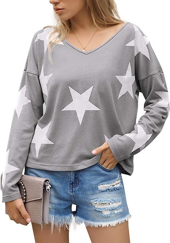 Blooming Jelly Womens Pullover Star Sweater V Neck Long Sleeve Shirt Slouchy Off Shoulder Knit To... | Amazon (US)