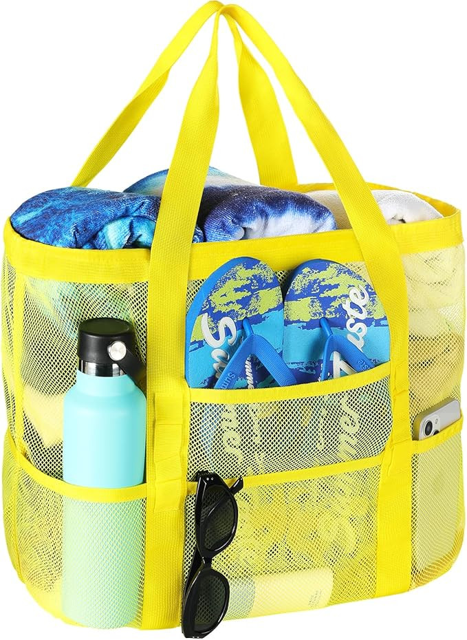 Tavaleu Mesh Beach Bag - Large Beach Tote with Multi Functional Pockets for Family Travel/Vacatio... | Amazon (US)