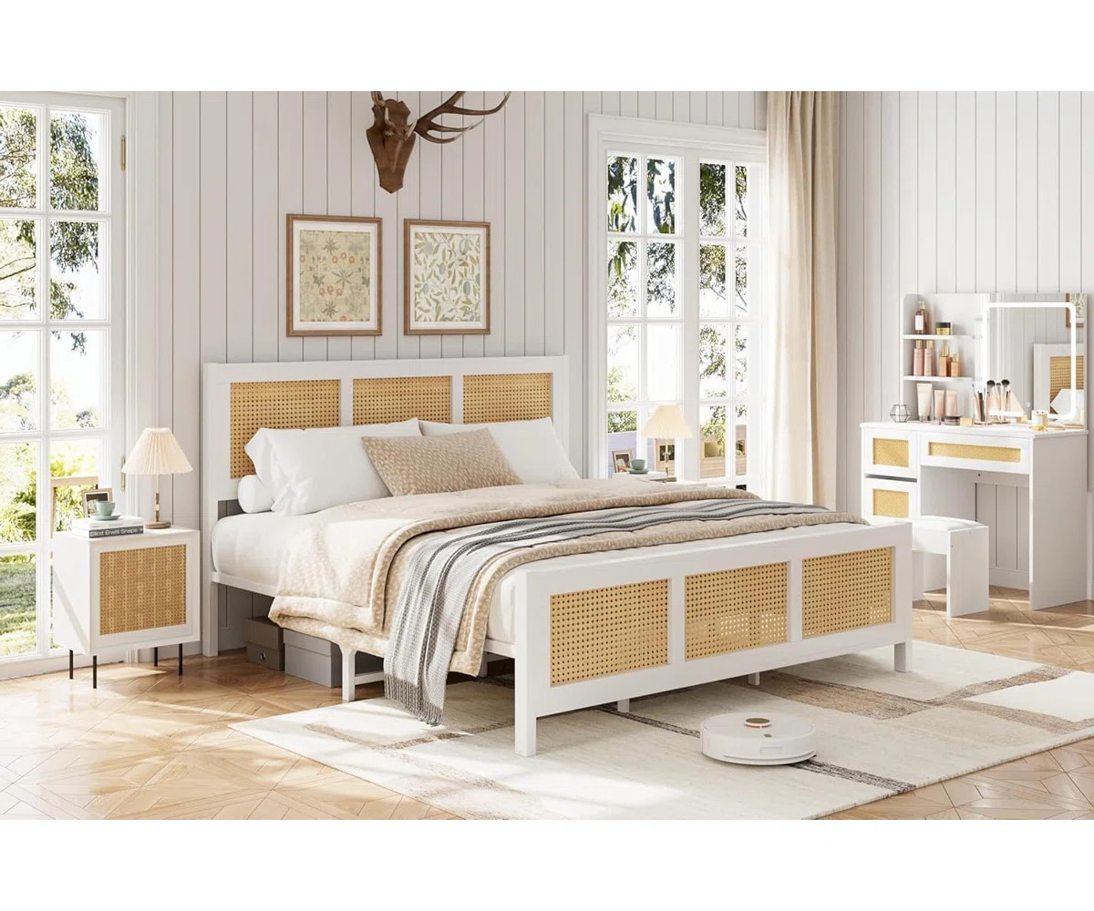 Rattan Bed Frame With Headboard, Boho Cane Platform Bed Frame With Strong Metal Slat, Noise Free | Wayfair North America
