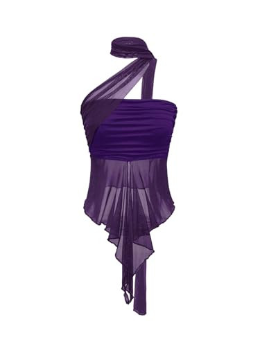 OYOANGLE Women's Sheer Ruffle Trim Halter Going Out Tops Asymmetrical Hem Ruched Sleeveless Fitted Crop Tops Y2K Party Top Purple X-Small | Amazon (US)