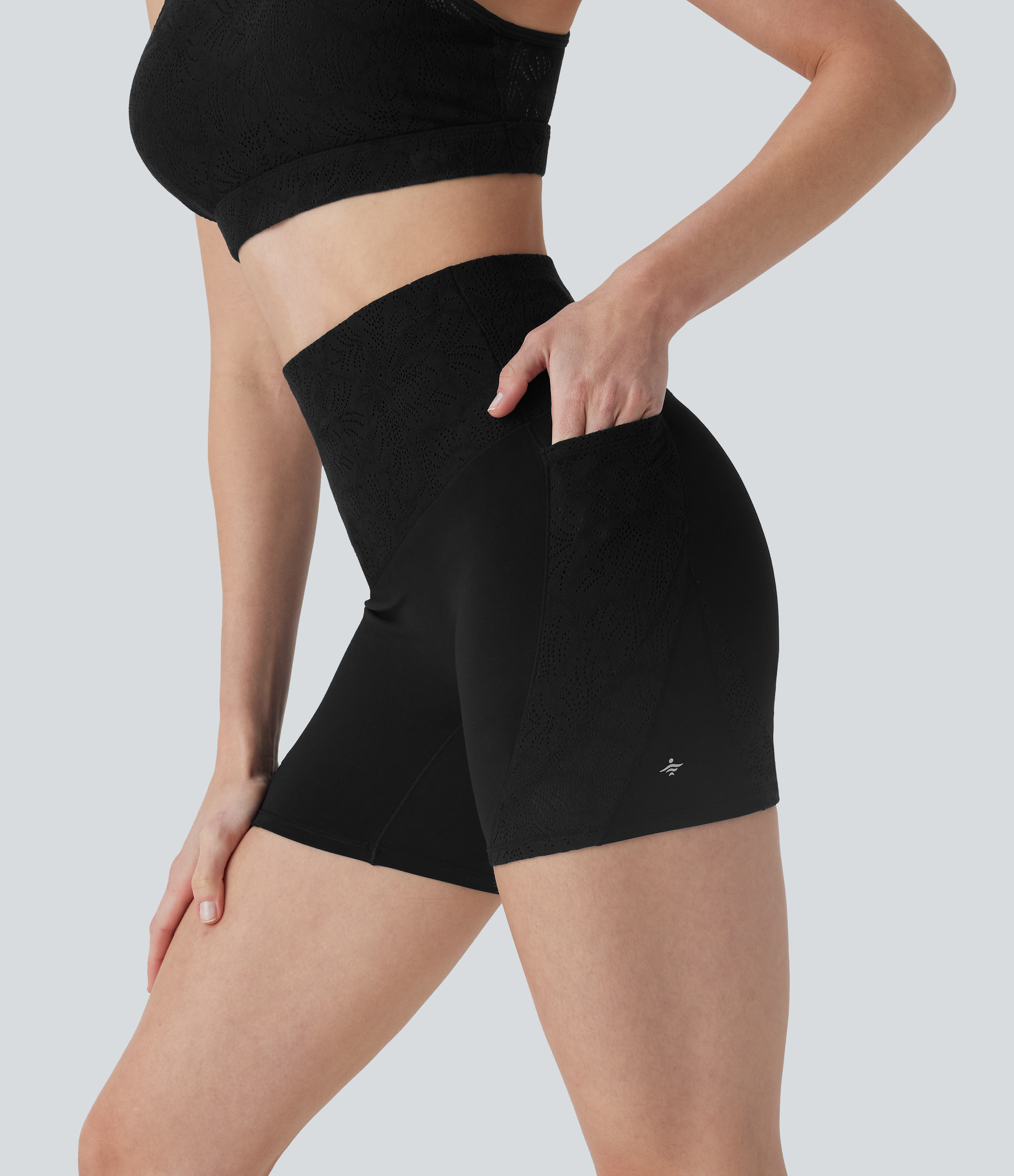 Halara Halara UltraSculpt™ SoCinched High Waisted Tummy Control Contrast Lace Shaping Training Biker Shorts 5'' with Pockets - Black - XS | HALARA