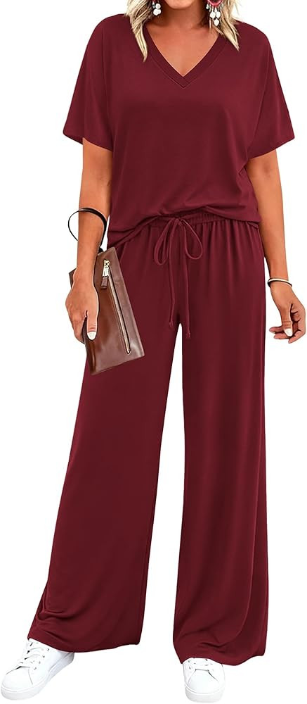 BTFBM 2 Piece Sets for Women Summer V Neck Short Sleeve Lounge Set Wide Leg Pants Matching Set Ai... | Amazon (US)