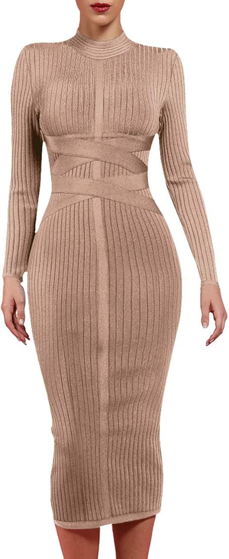 whoinshop Women's Cross Strap Ribbed Bandage Long Sleeve Midi Fall Winter Bodycon Party Dress | Amazon (US)