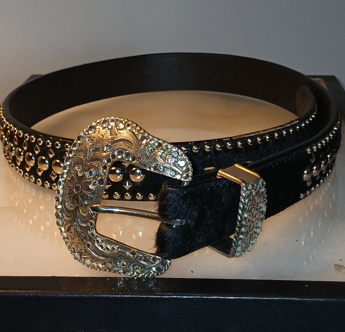 VTG Ranger Belt Co. Black Pony hair Leather Studded Rhinestones Silver Buckle 36 | eBay US