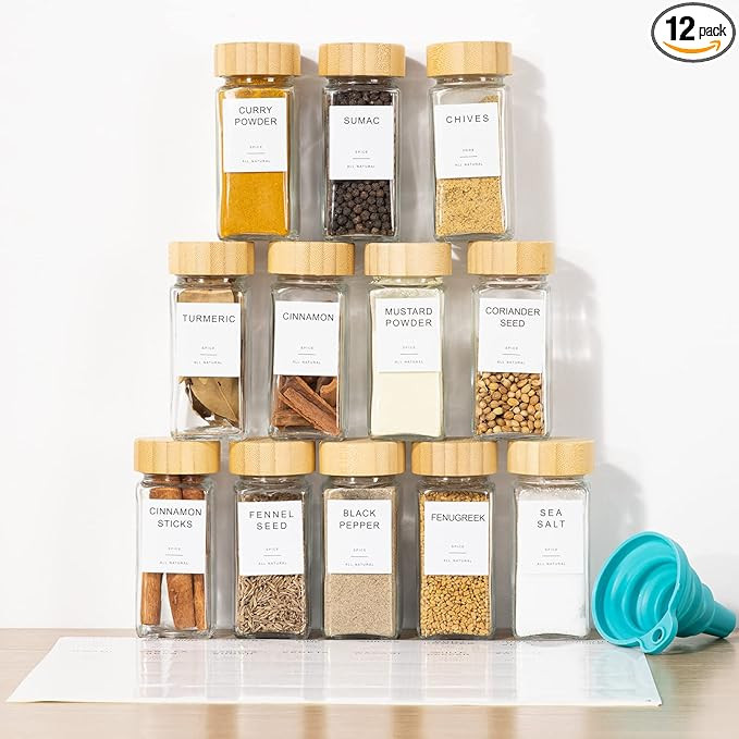 FavorFlavor 12 Pcs Spice Jars with Label, 4.3OZ Thickened Glass Seasoning Jars with Bamboo Lids, ... | Amazon (US)