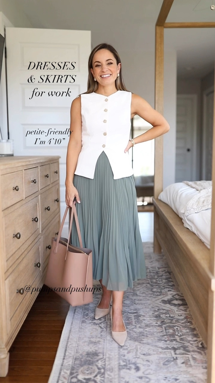 Dresses and skirts for work! 

Vest (Aritzia): 0 sized up 
Skirt (Aritzia): xs 
Green dress (banana republic factory): petite xxs (sold out in green) 
Taupe mockneck top (target): xs 
Champagne skirt (quince): xs 
White dress (banana republic factory): petite xxs 
Shoes: tts 
Belt: xxs mini 

My measurements for reference: 4’10” 105lbs bust, waist, hips 32”, 24”, 35” size 5 shoe. 25” inseam measurement to my ankle bone. 

#LTKSeasonal #LTKWorkwear