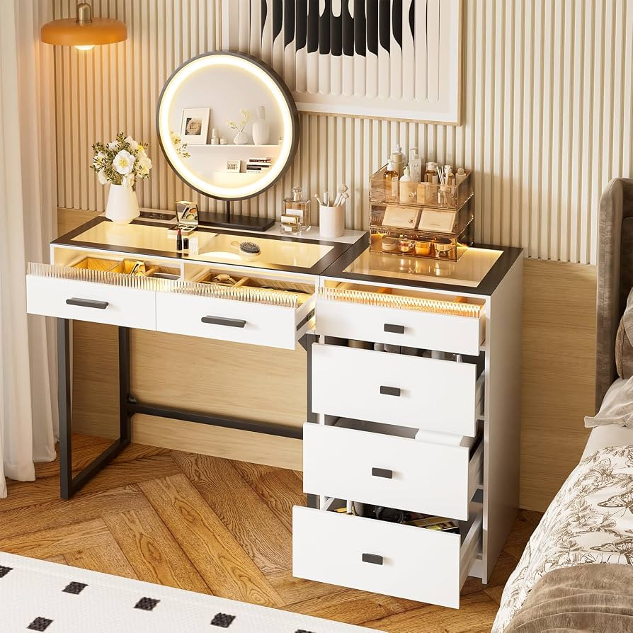 Vanity Desk with Mirror and Lights, 49" Modern Makeup Vanity with Charging Station, 6 Drawers & D... | Amazon (US)
