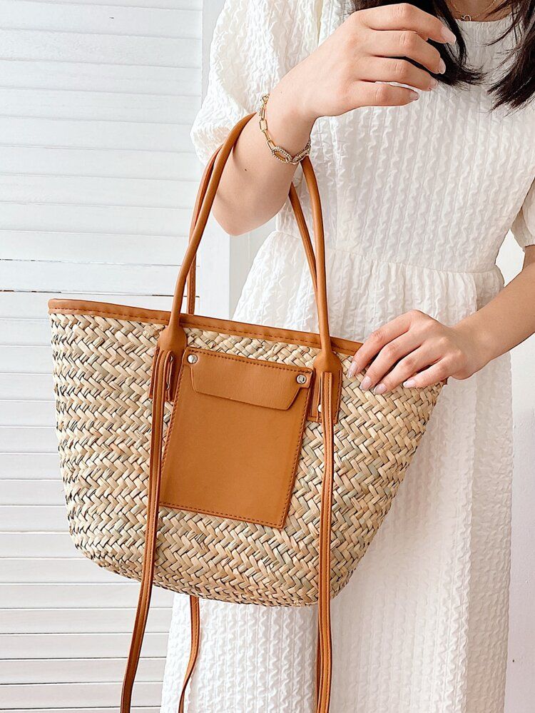 Contrast Binding Straw Tote Bag | SHEIN