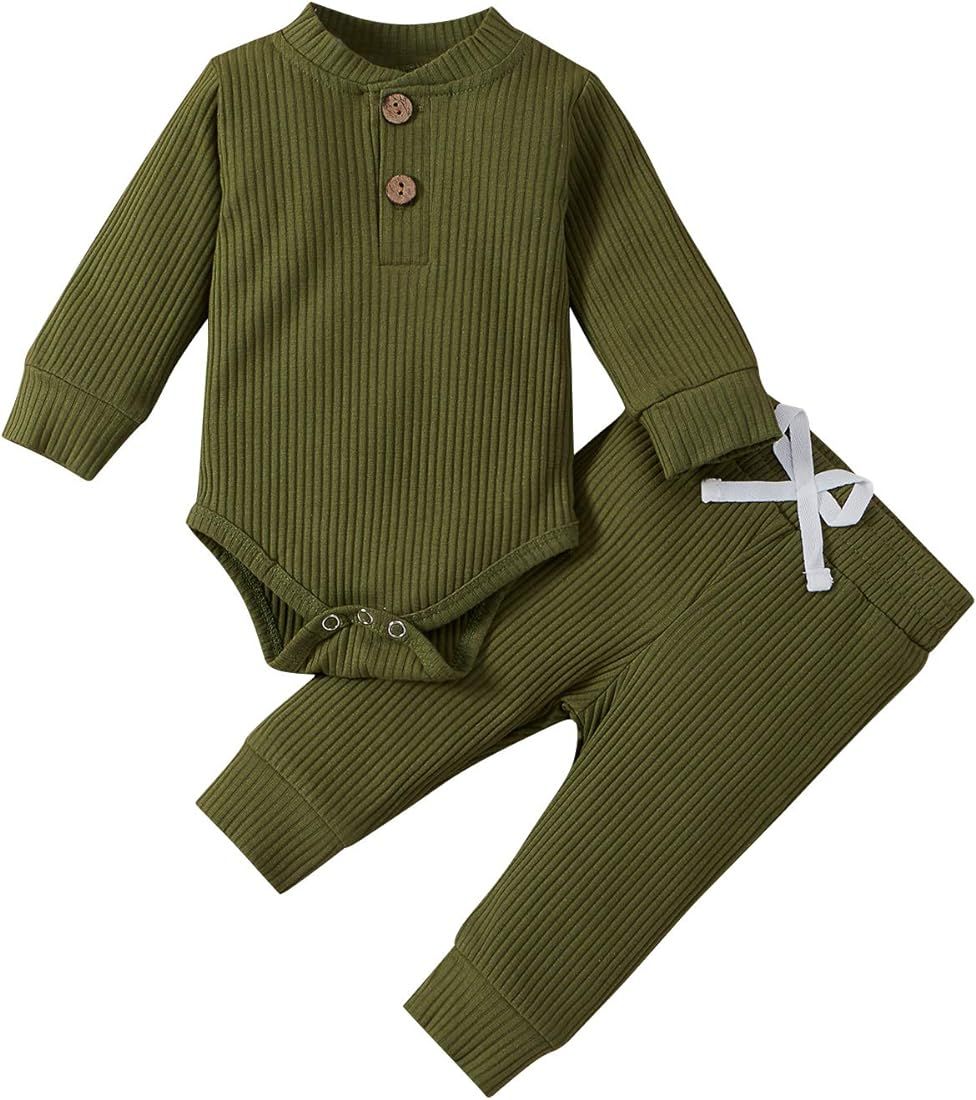 CIYCUIT Newborn Baby Boy Outfits Long Sleeve Solid Color Ribbed Knitted Romper Pants 2Pcs Gender ... | Amazon (US)