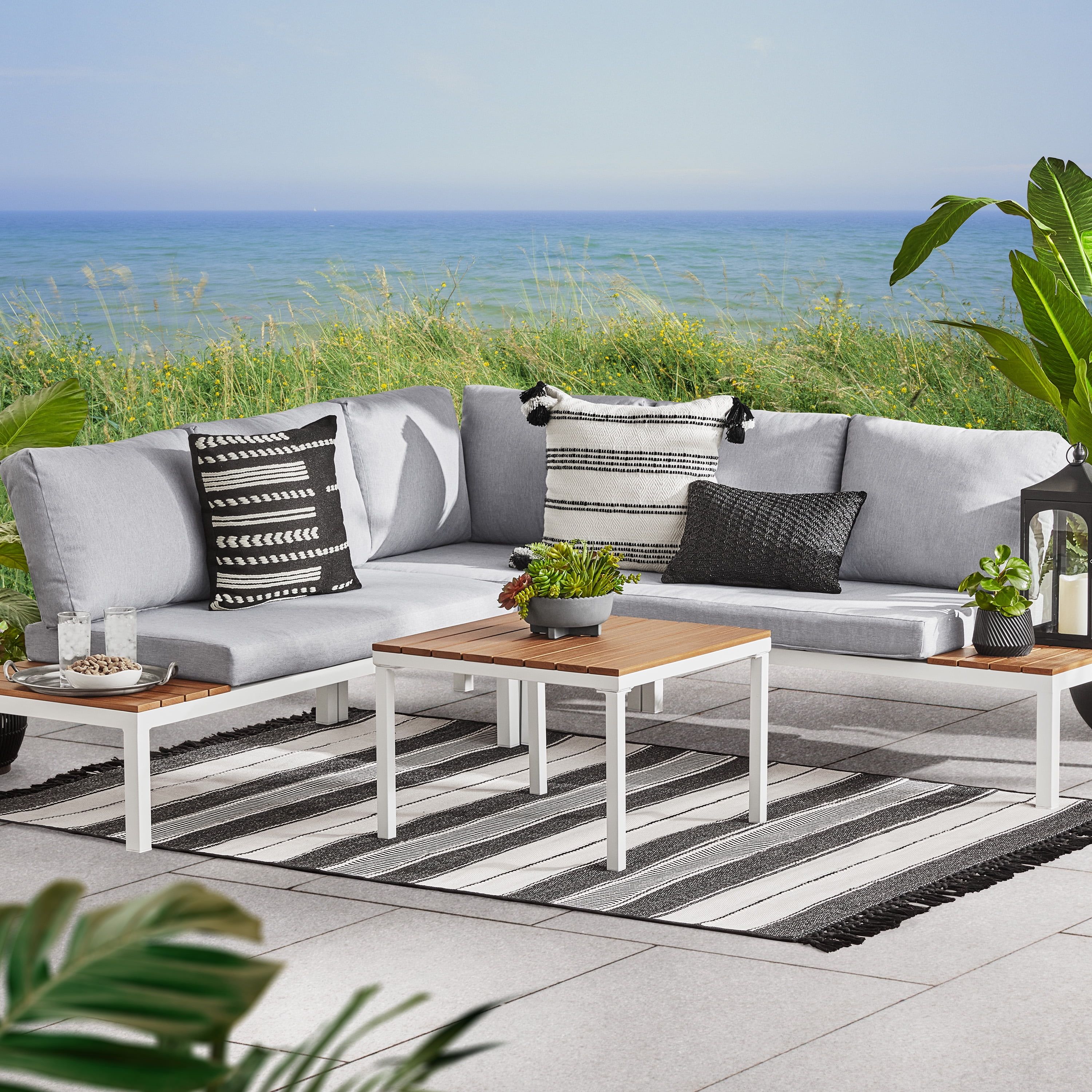 Mainstays Oakleigh 4-Piece Outdoor Chaise Sectional Set with Table, Seats 5, White | Walmart (US)