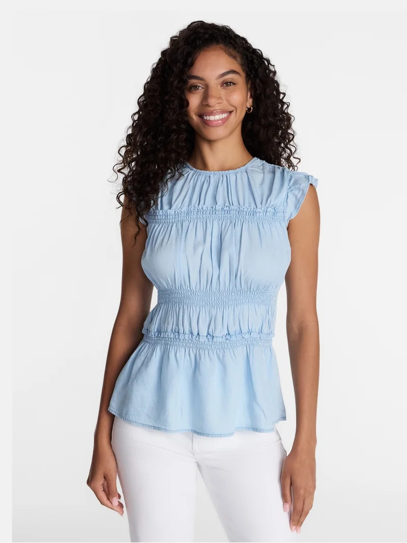 Time and Tru Women's Sleeveless Smocked Top with Ruffle Trim, Sizes XS-XXXL | Walmart (US)