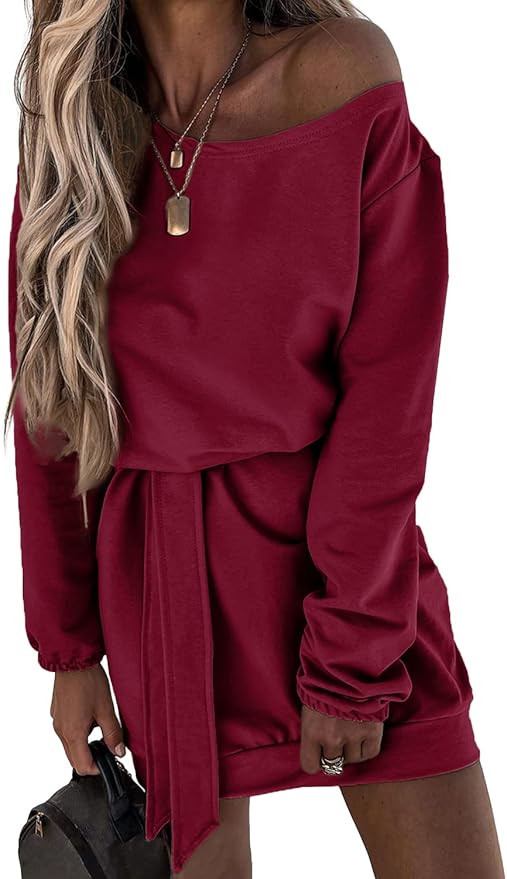 Fesier Women's Casual One Shoulder Sweatshirt Dress Tie Waist Long Sleeve Tunic Fall Dresses Pull... | Amazon (US)