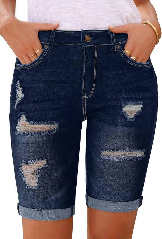 Metietila Women's Ripped Mid-Rise Denim Bermuda Shorts Frayed Raw Hem Stretch Jean Shorts | Amazon (US)