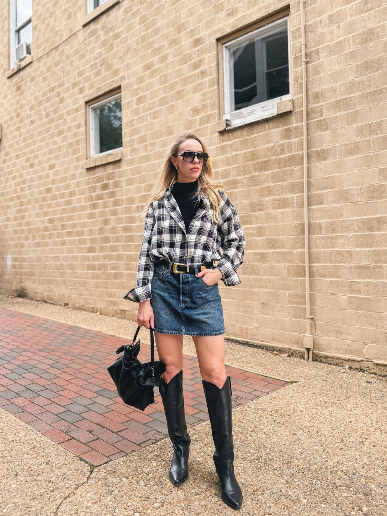 Western fall outfit, checked flannel shirt with denim mini skirt and cowboy boots, western chic, elevated western

#LTKSeasonal #LTKOver40 #LTKSaleAlert