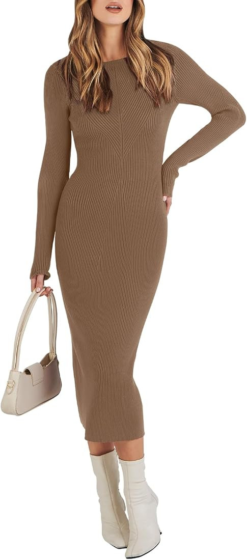 ANRABESS Women's 2023 Trendy Long Sleeve Sweater Dress Crewneck Slim Fit Ribbed Knit Bodycon Midi... | Amazon (US)