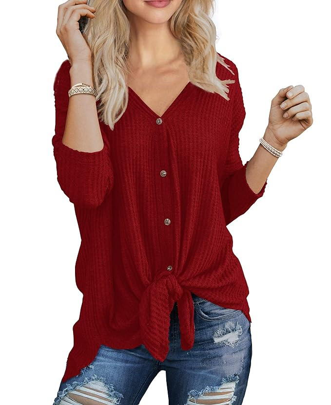 IWOLLENCE Womens Waffle Knit Tunic Blouse Tie Knot Henley Tops Loose Fitting Bat Wing Plain Shirt... | Amazon (US)