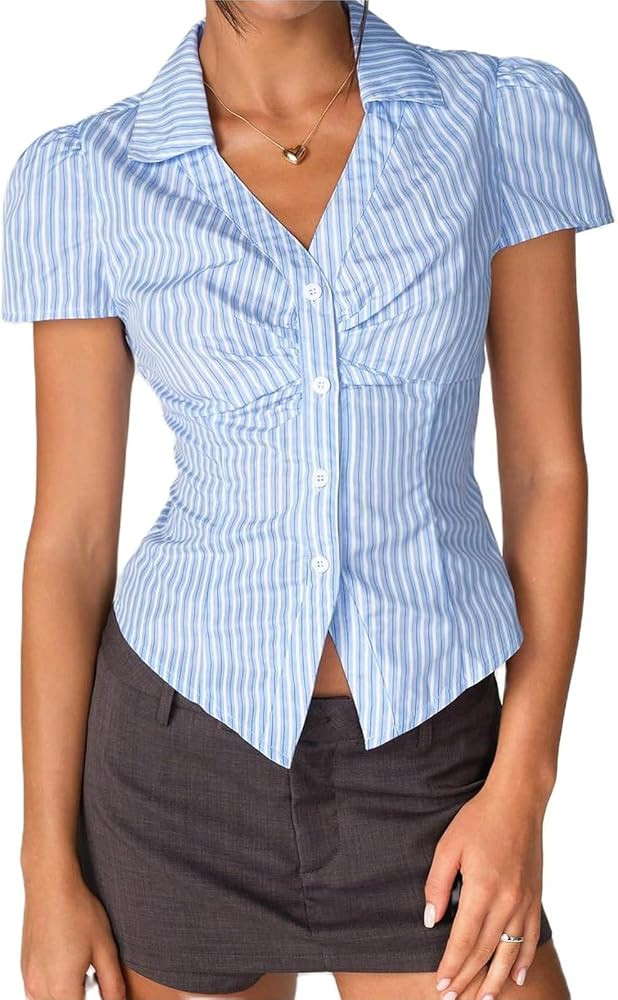 Women Y2K Button Up Shirts Cap Sleeve Lapel Collar Ruched Slim Fit Shirts Cropped Coquette 90s Vi... | Amazon (US)