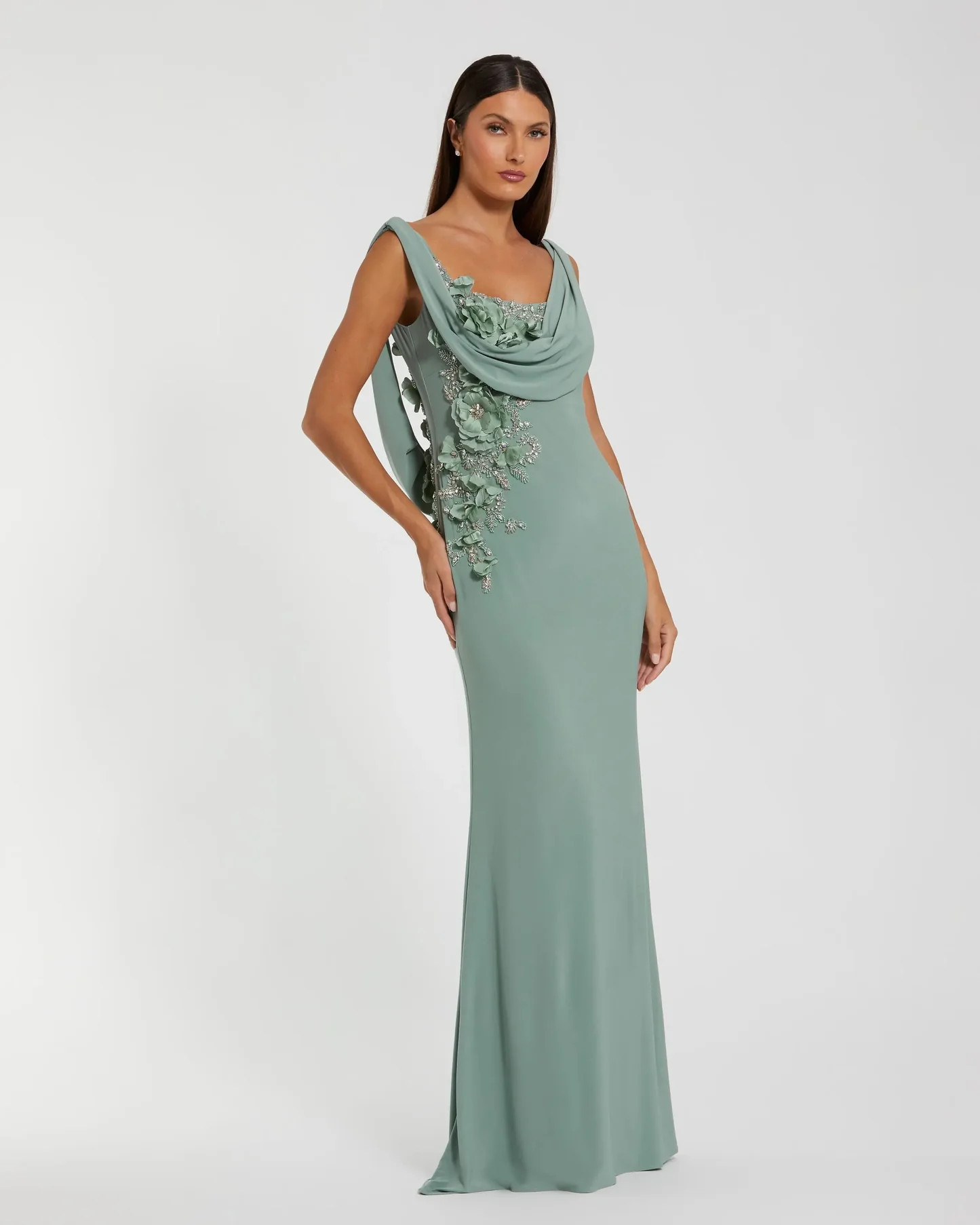 Green Sleeveless Jersey Cowl Neck Gown With Beading | Mac Duggal | Mac Duggal