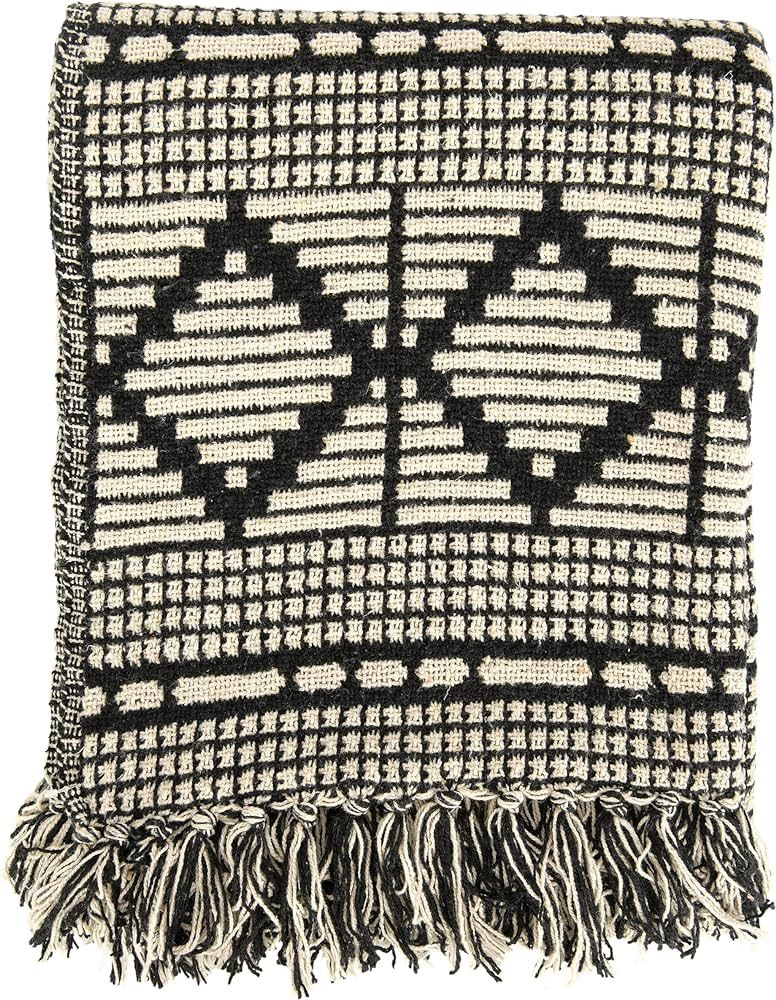 Bloomingville Black & Beige Woven Cotton Blend Blanket with Fringe Throw, One Size fits All, Blac... | Amazon (US)