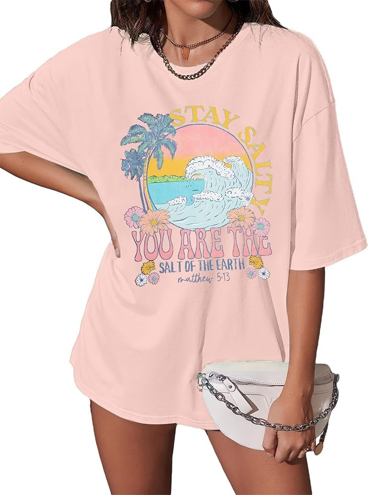 Oversized Shirt Women Christian Stay Salty Bible Letter Tshirt Summer Beach Graphic Cruise Vacati... | Amazon (US)