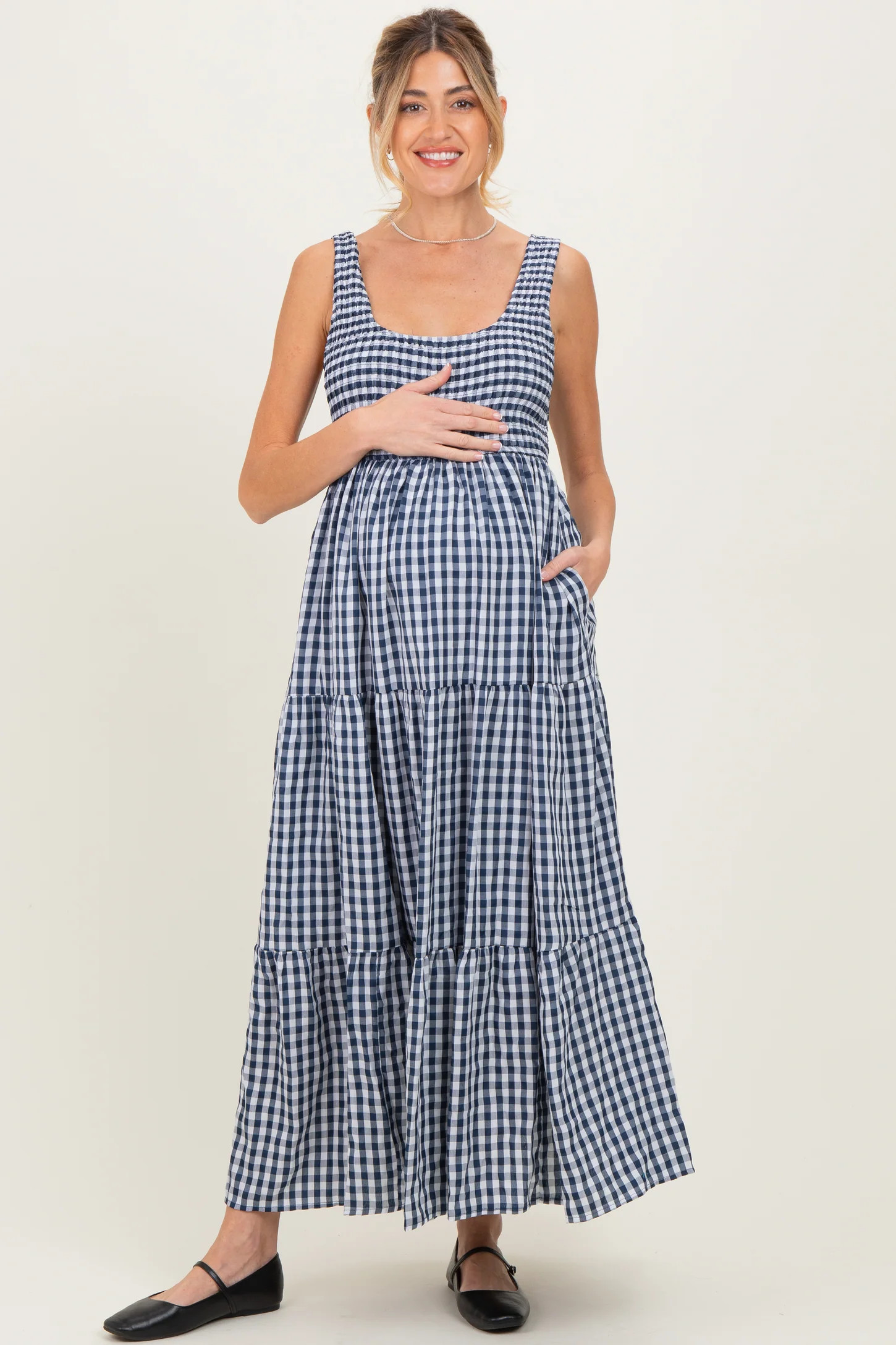 Blue Gingham Sleeveless Tiered Maternity Maxi Dress | PinkBlush Maternity