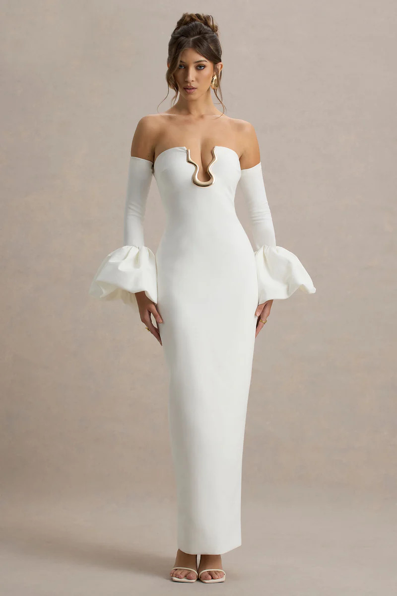 Annalisa | Cream Bandeau Maxi Dress With Satin Cuffs | Club L London