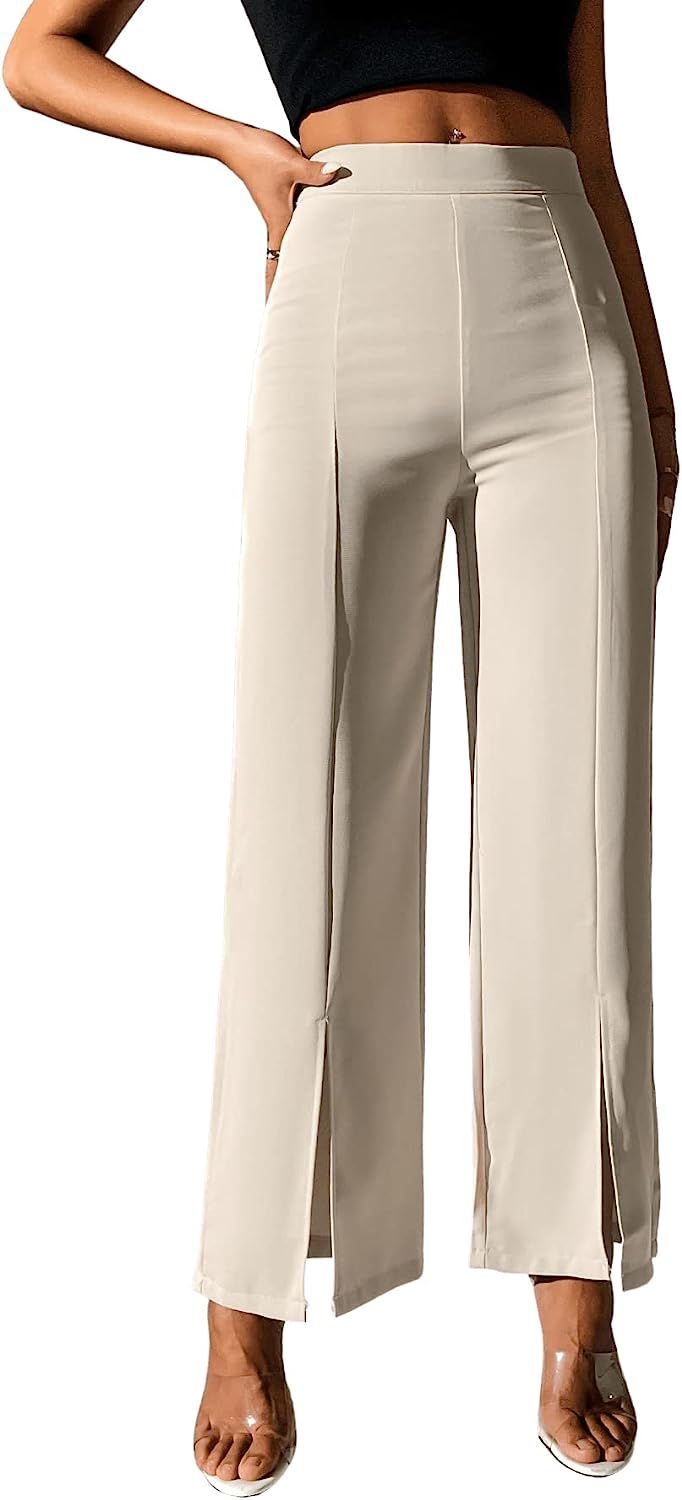 SweatyRocks Women's Elegant High Waisted Split Hem Long Pants Straight Leg Zipper Fly Work Office... | Amazon (US)