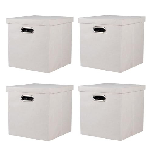 ArcaGuru Storage Bins with Lids, Collapsible Linen Fabric Boxes Organizer Containers with Lid Foldable Storage Box Basket for Closet, Shelves, Home, Office, 11 x 11 x 11.4 Inch, 4 Pack, Beige | Amazon (US)