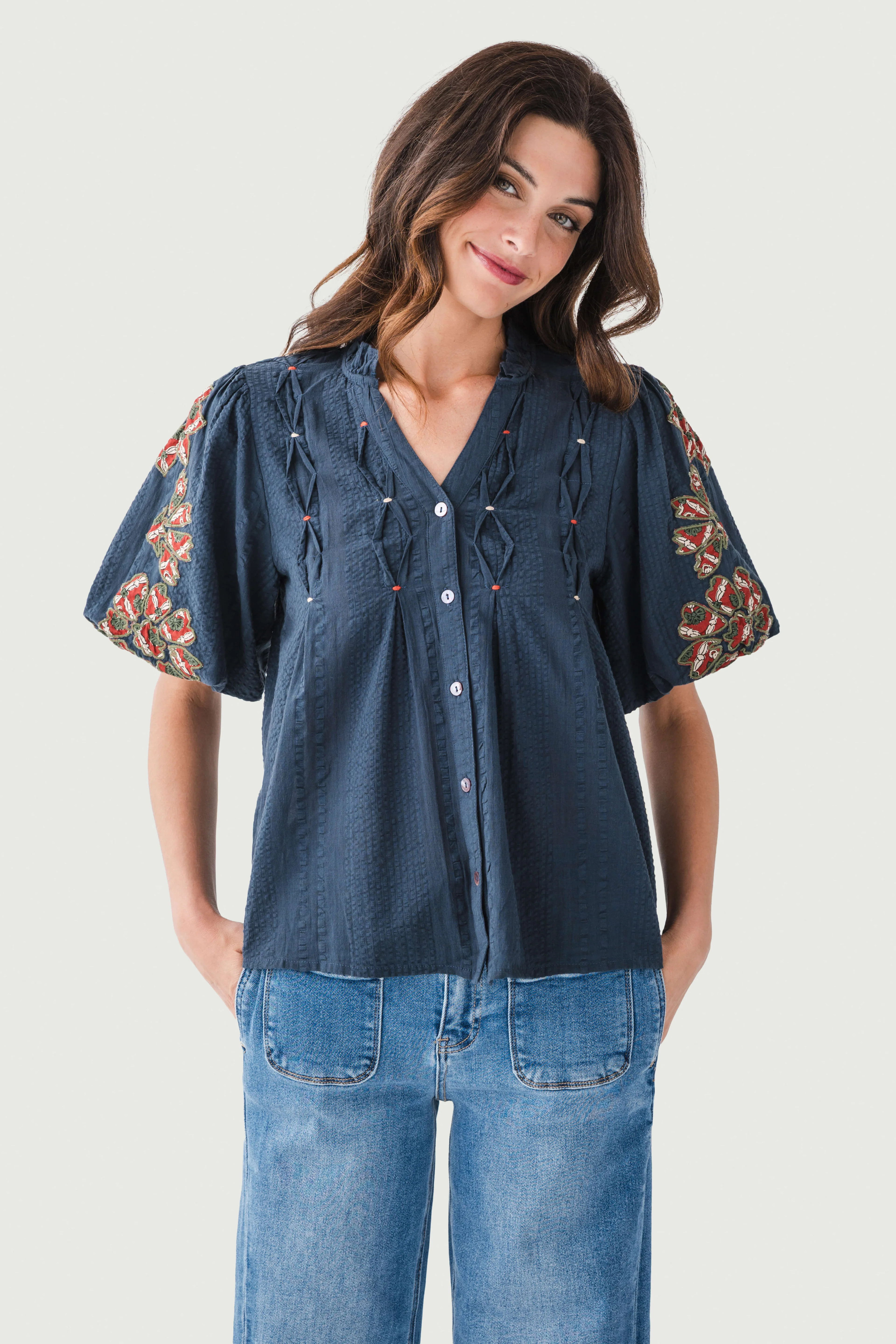 THML Pintuck Embroidered Puff Sleeve Top | Social Threads