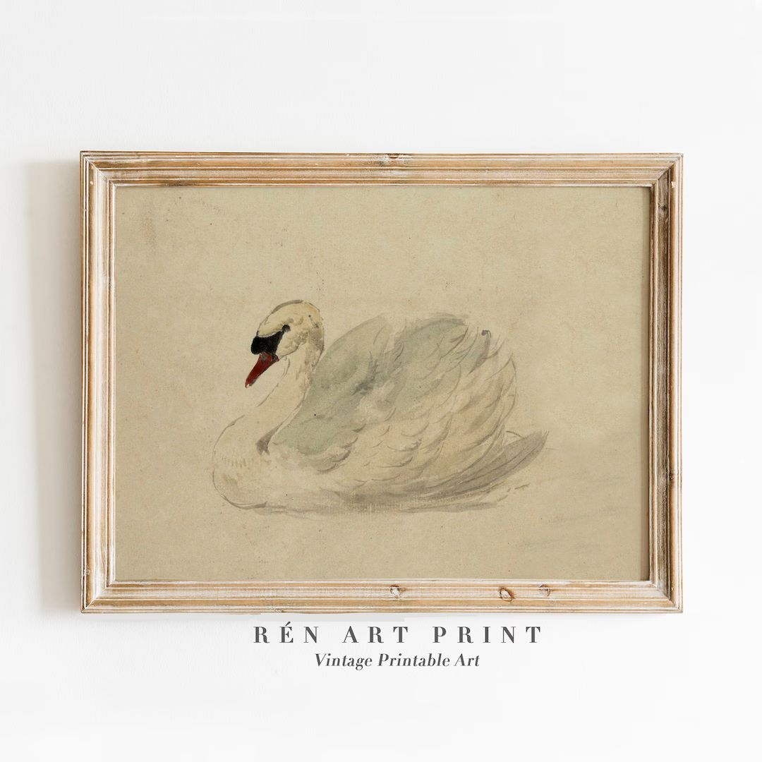 Vintage Swan Print | Antique Nursery Wall Decor | Digital Download | Vintage Watercolor Neutral W... | Etsy (US)