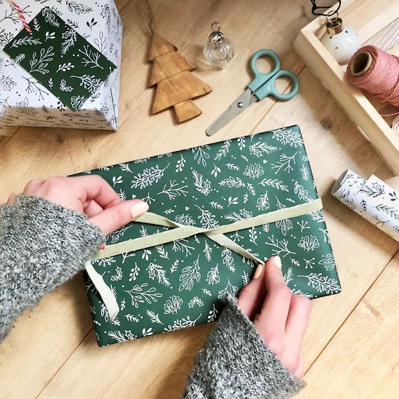 Christmas Greenery GREEN Recyclable Wrapping Paper Set  DEEP | Etsy | Etsy (US)