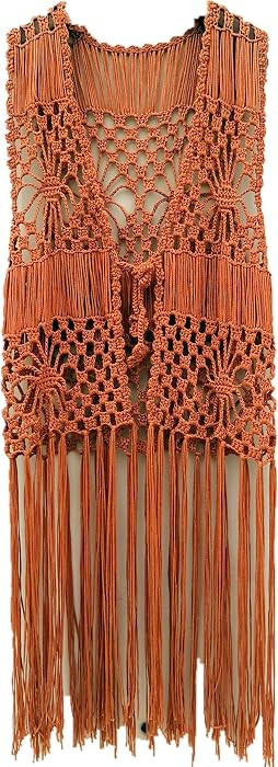 Sleeveless Long Fringe Crochet Vest Beach Bikini Cover up Hippie Clothes for Women Free Size | Amazon (US)
