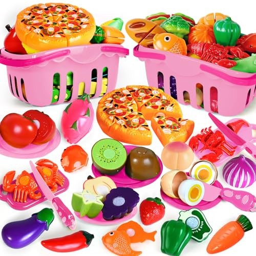 100 Pcs Play Food Set for Kids Kitchen, Pretend Food Toy for Toddlers, Play Kitchen Toys Accessories with 2 Baskets, Cutting Fake Food/Fruit/Vegetable, Christmas Birthday Gifts for Boys and Girls | Amazon (US)