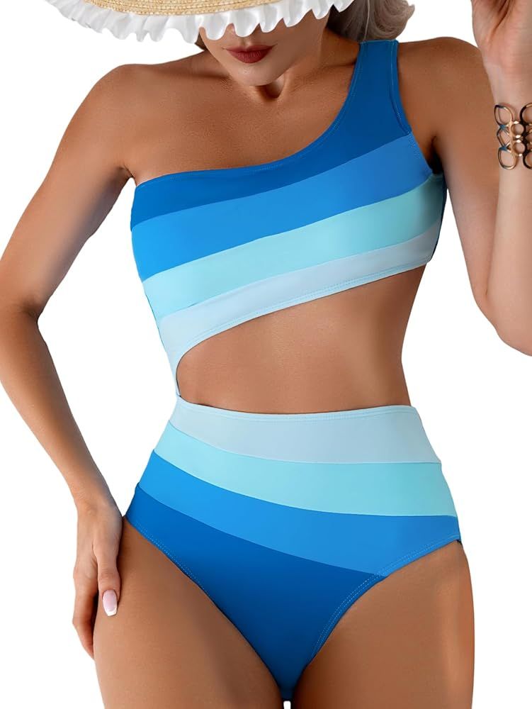 OYOANGLE Women's Color Block One Shoulder Cut Out One Piece Swimsuit Bathing Suits Beachwear | Amazon (US)