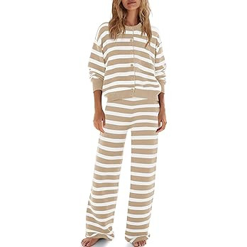 ReachMe Womens Oversized Striped 2 Piece Sets Button Up Cardigan and Wide Leg Pants with Pockets ... | Amazon (US)