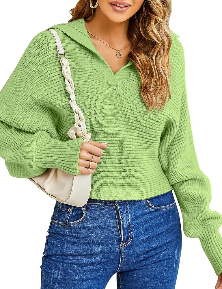 KOJOOIN Women Polo Sweater Sweater Overized Puff Batwing Sleeve V Neck Knitted Pullover Sweater Jump | Amazon (US)
