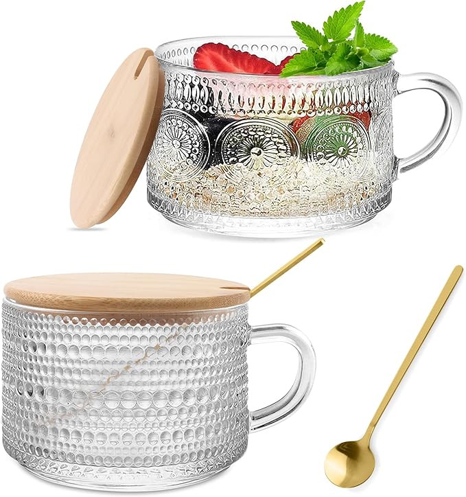 Vintage Glass Coffee Mugs 2 Set, 14oz Overnight Oats Containers with Bamboo Lids and spoon, Glass... | Amazon (US)