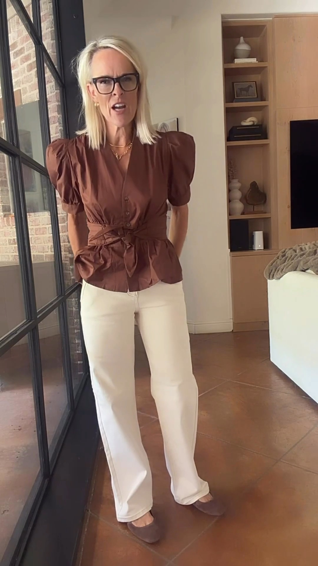 These ecru jeans are such a great find. They’re incredibly comfortable, high rise, really beautiful quality denim, and I love the trouser-style pockets. I’m 5’6” and love where they fall on me, they’re the kind of jeans I’ll be wearing all through fall. Paired them with this pretty brown top for an easy, polished look. I’m wearing a small in the top.

#LTKootd #LTKOver40