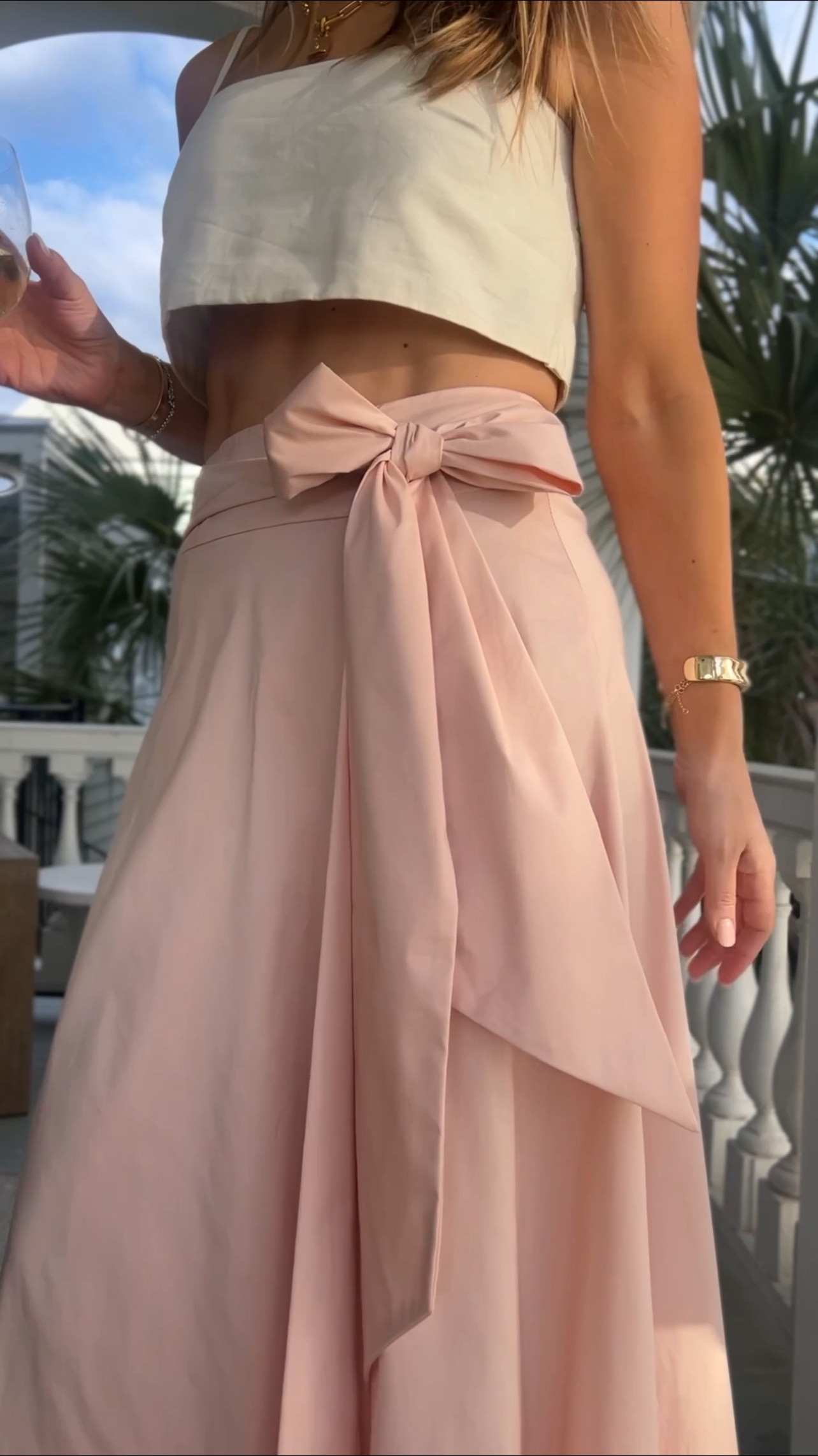 Pink wrap maxi skirt with linen cropped top -