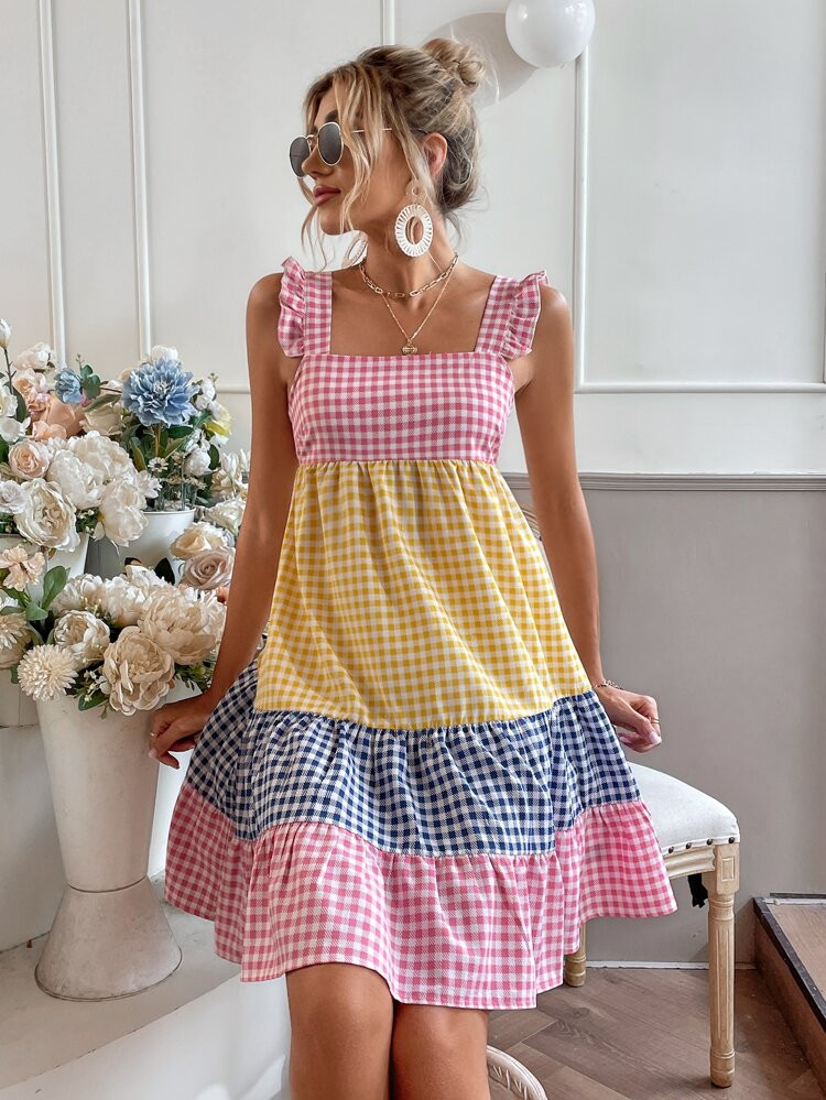 Colorblock Gingham Print Frill Ruffle Hem Dress | SHEIN