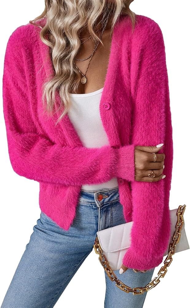MakeMeChic Women's Solid Fuzzy Knit Cardigan Long Sleeve V Neck Button Down Cardigan Sweater | Amazon (US)