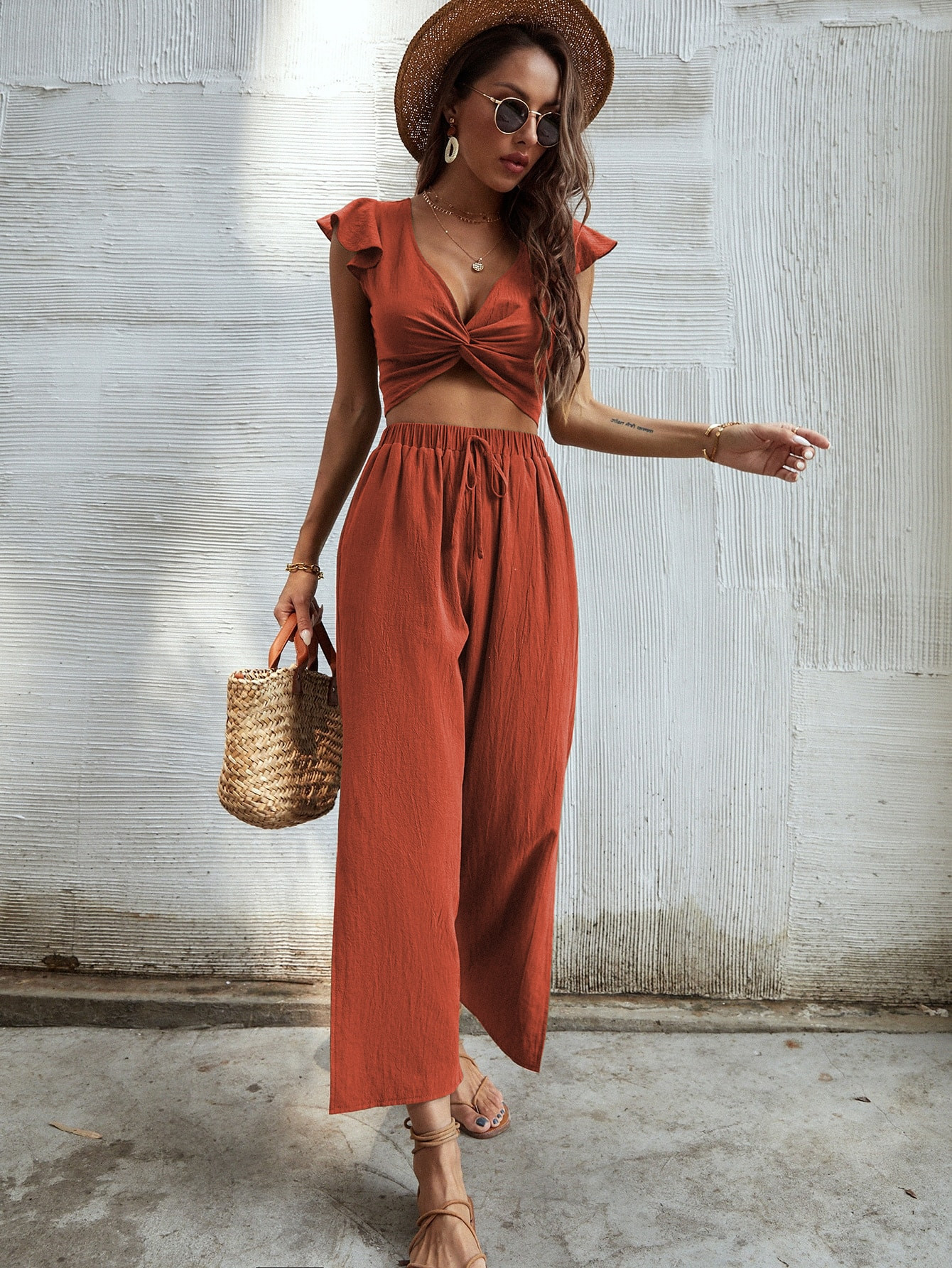 Ruffle Trim Twist Top With Pants | SHEIN