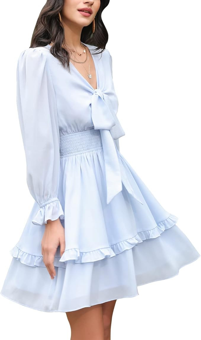 EXLURA Women Tie Front Elastic Waist Tiered Ruffle Layer Floral Balloon Long Sleeve V-Neck A-Line... | Amazon (US)