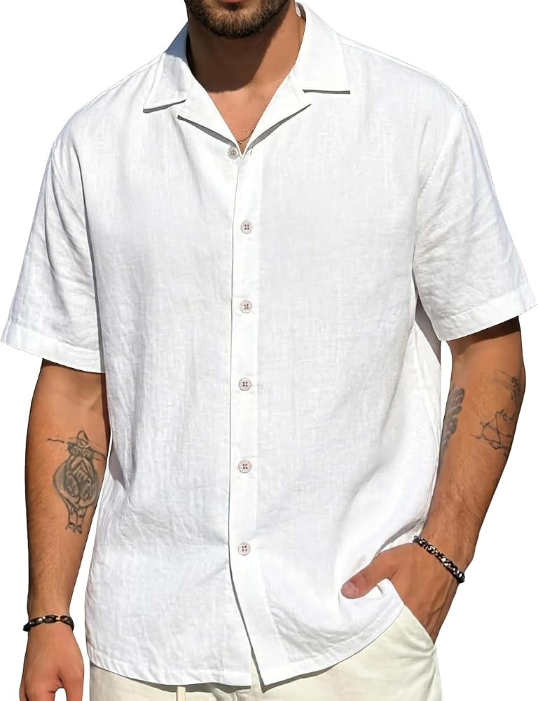 Mens Cotton Linen Shirt Casual Lightweight Button Down Shirt Short Sleeve Summer Beach Vacation T... | Amazon (US)