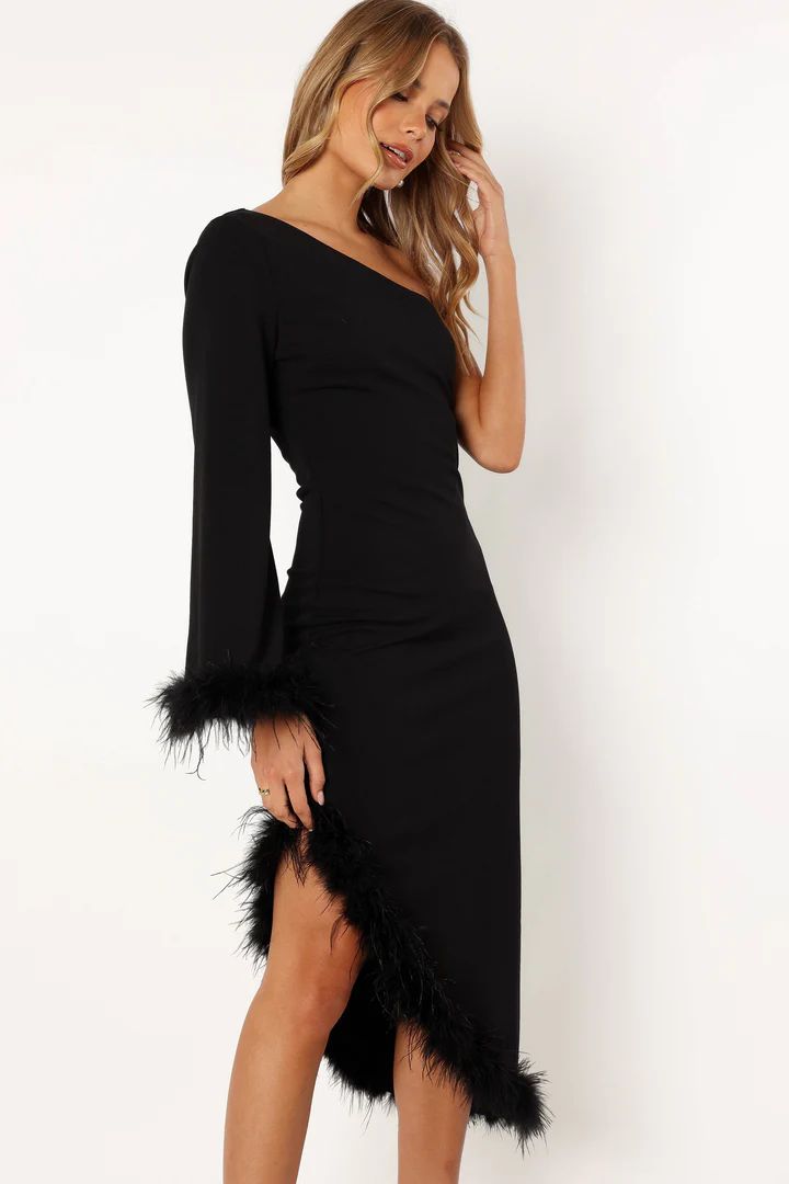Dame One Shoulder Feather Midi Dress - Black | Petal & Pup (US)
